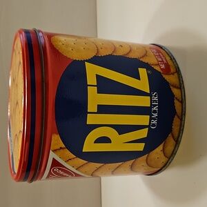 Vintage 1982 Nabisco RITZ Crackers Tin 12 oz Round Metal Canister With Lid 6”H
